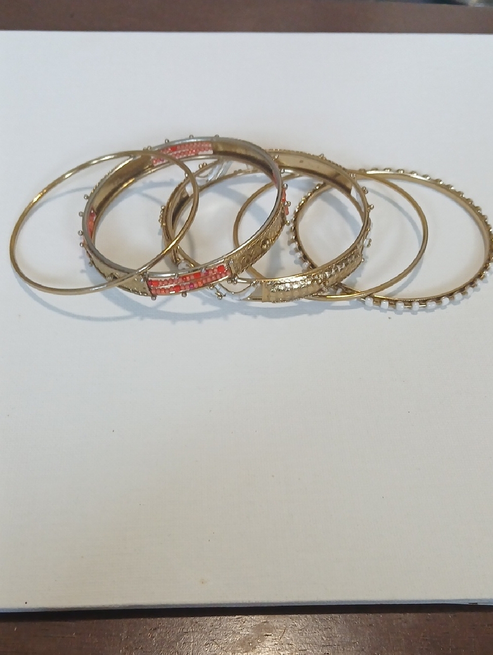 Boho Festival Gold-Tone Women's Bangle Bracelet Set with Coral & White Accents